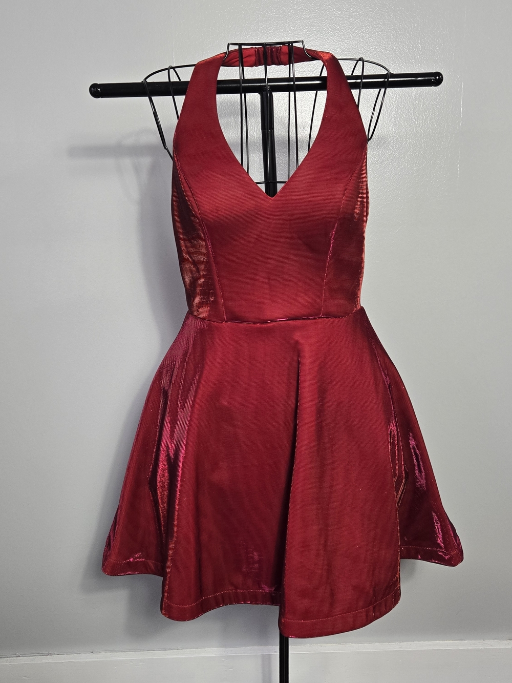 City Vibe Red Metallic Iridescent Halter V Neck Skater Fit Flare Dress Size 7